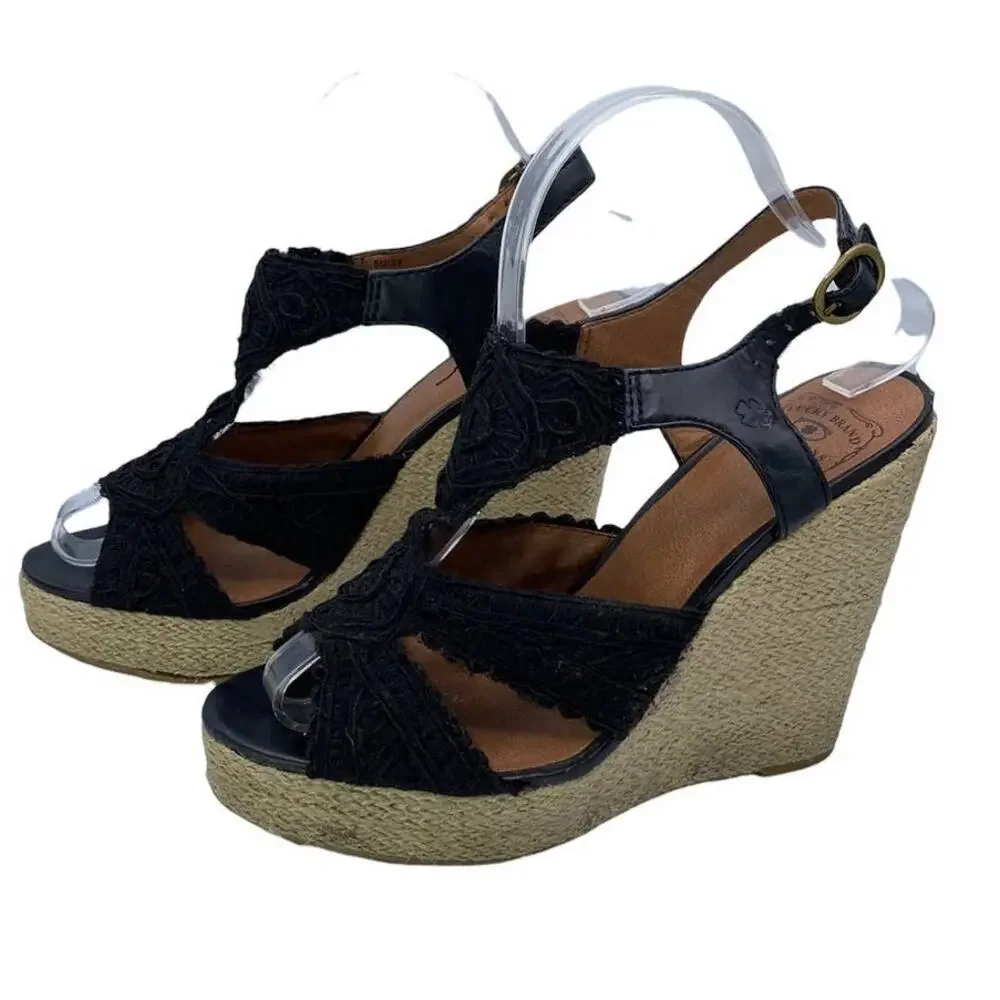 Lucky Brand Ridgeview Rita Black Macrame Lace Platform Wedge Sandals 8M Box